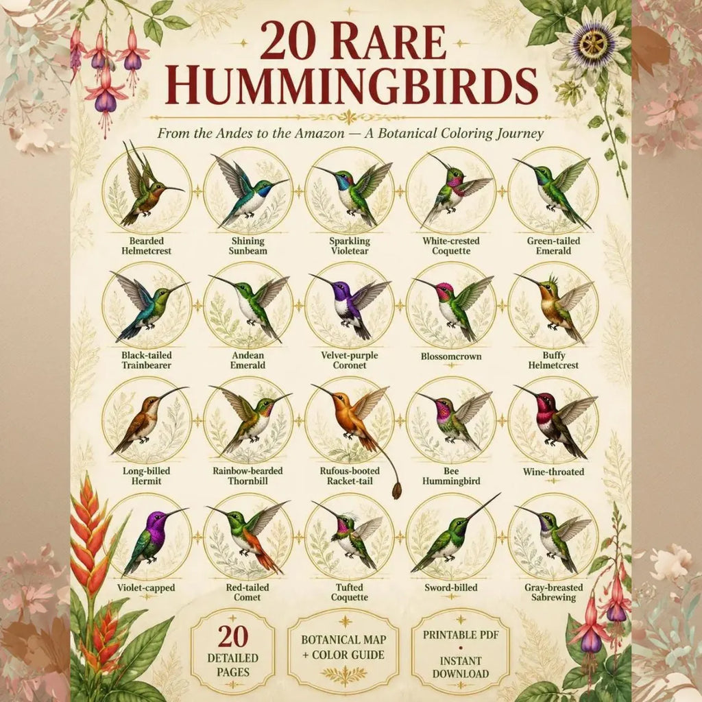 Hummingbirds of the Americas Coloring Book | 20 Botanical Coloring Pages PDF | Adults Edition | Tropical Birds & Flowers | Instant Download