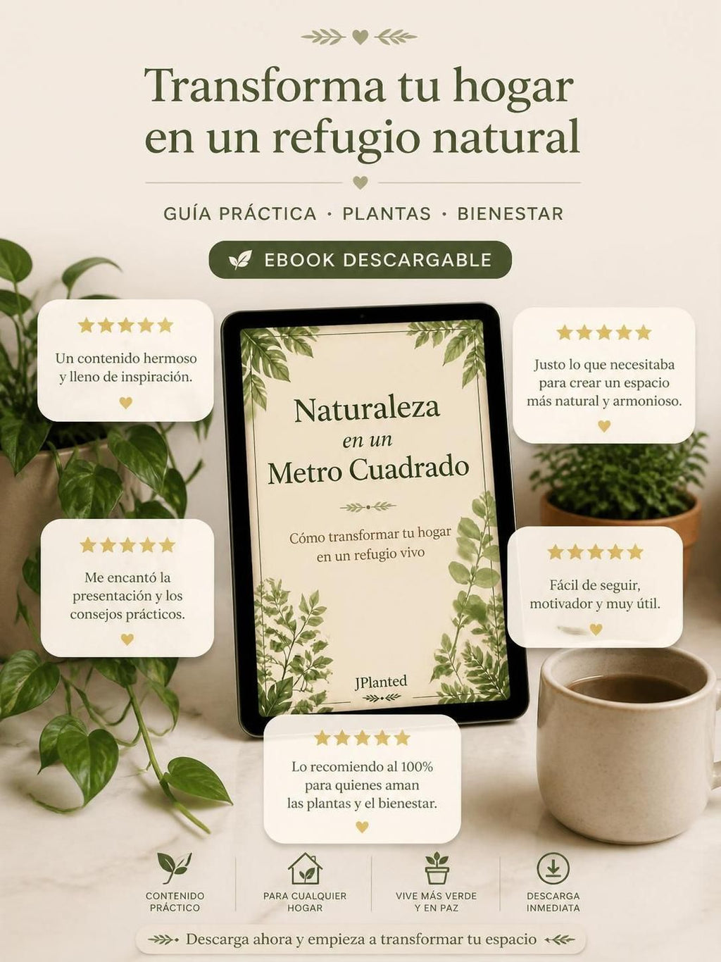 Naturaleza en un Metro Cuadrado | Guía practica de Plantas de Interior | eBook PDF Bienestar y Mindfulness | Diseña tu Refugio Verde